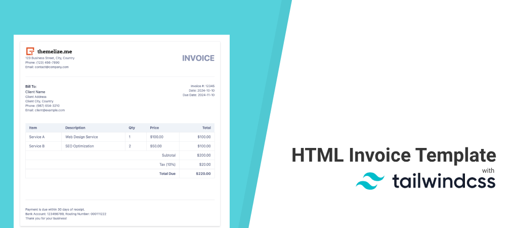 FREE TailwindCSS HTML Invoice Template